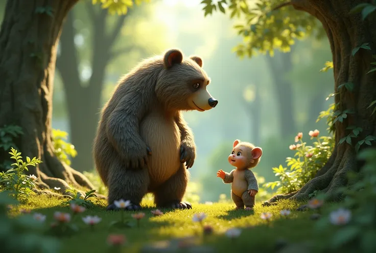 3d ,  1 old humanoid bear ,  and  baby talking to each other in a forest 