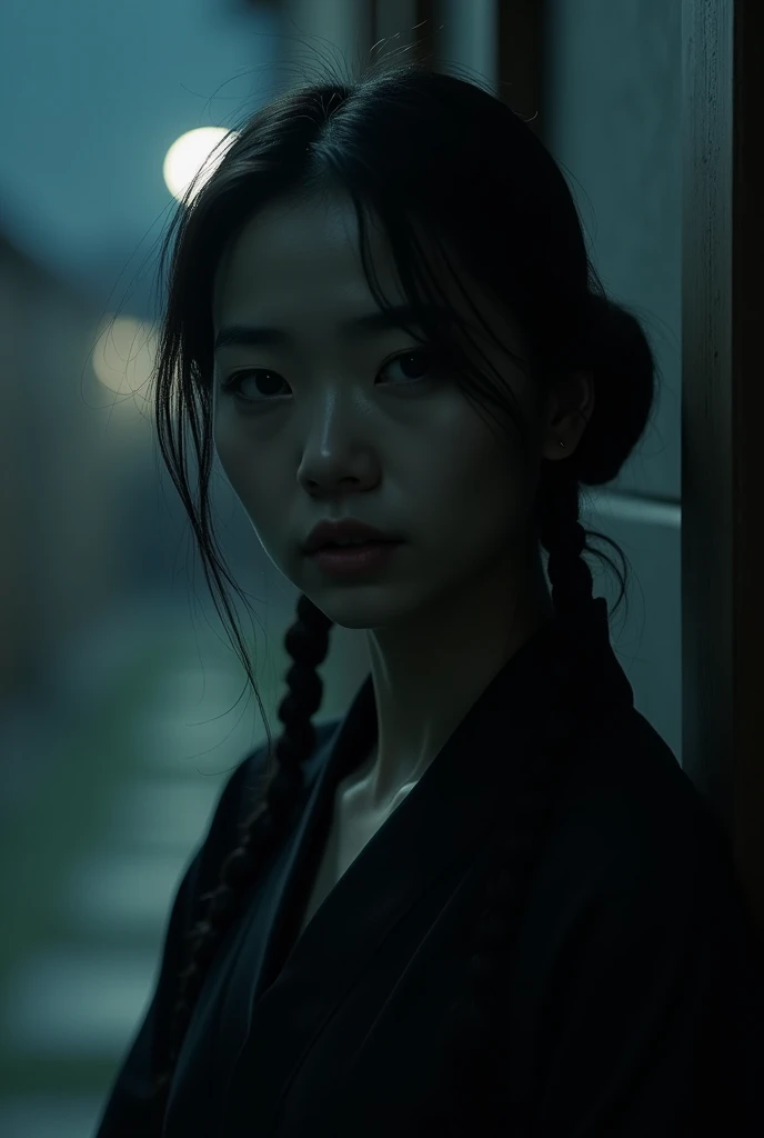 night 、Genuine、PHOTO EXPRESSION 、Japanese、mourning、Loser、Black kimono、Married Woman、Braided Hair、Melancholic expression