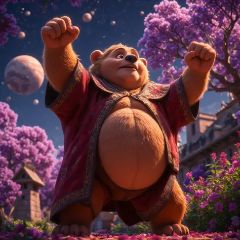 character focus, full body, looking away, dynamic angle, astrologer, middle-aged bear man, little smile, costume clothes, robe shirt, half pants, boots, standing arms rised in the air, searching for stars, dynamic pose, BREAK full body in Michelangelo Buon...