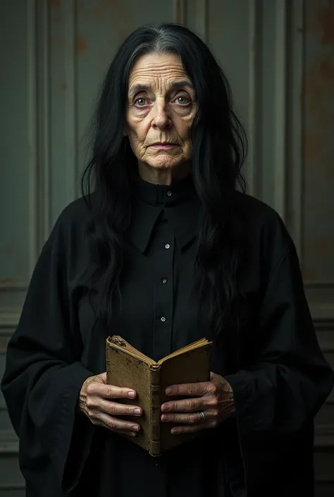 Old female teacher with creepy and creepy black hair with book in her hand 