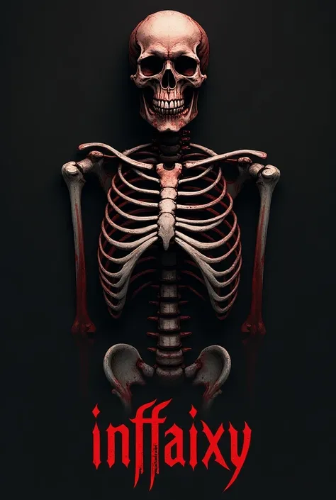 make a skeleton logo which looks real and below it right a name "「INF」〆FAIXY" and the color should be black and reddish