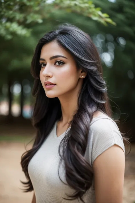 Portrait of A confident-looking 21 year old indian girl from with long flowing hair, hazel eyes, without flowing capes, front facing, normal tshirt, sitting in grass, water background, bokeh, perfect composition, hyperrealistic, super detailed, 8k, high qu...