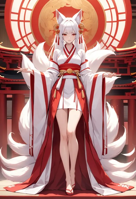 “A mystical Japanese kitsune (nine-tailed fox) dressed in traditional shrine maiden attire, with a unique twist. She wears a kimono styled after traditional Japanese robes but with a modern design: flowing, layered fabric with a deep crimson and white colo...