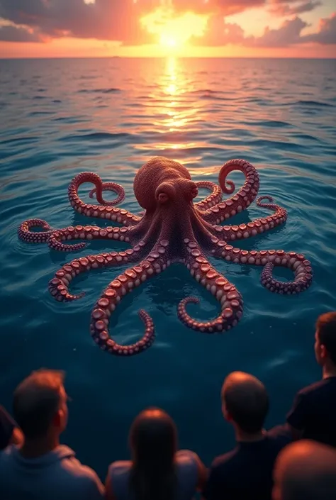 Generate a hyper realstic image of octopus in ocean outside and people are watching them with beautiful sunset in background  