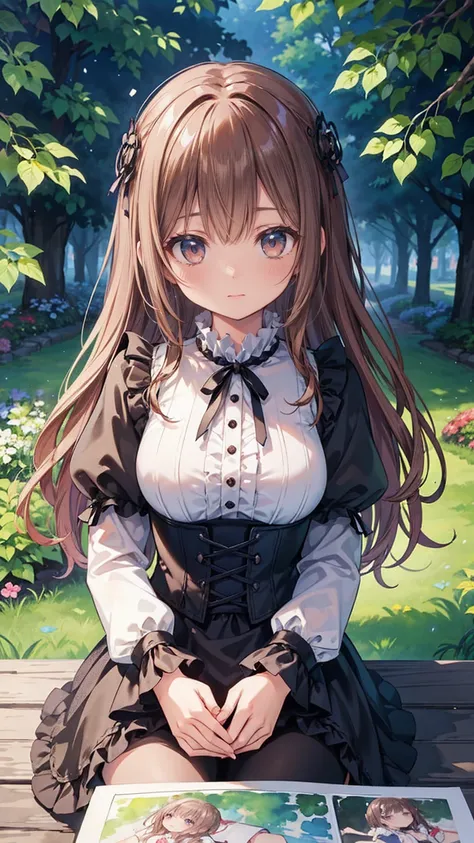 Attractive view of a young woman reading a book on the grass,(((watercolor))),  (((  upper body))), (((gothic))), ,she was adorned with hair accessories、,  Wavy brown hair。  ruffle miniskirt , sheの表情は自然だ,  calm expression . she wore a dress with ruffled sl...