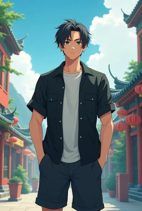 handsome, 1 male,  short black hair , green iris ,  Tangshan lining ,  black short sleeve jacket， loose shorts， anime style，tall，Easy and stylish 
