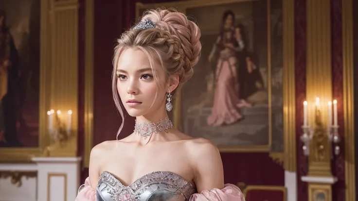 woman, Serious, Warrior, Armor,  elegant,   pink dress , Aristocratic, silver element, Long nails,  Bare Shoulder , Hairstyle,  Im going to raise my hair, Braids and ponytails, Messy, arrogant,  absurd, Detailed dress, Royalty, celebration, Hall decorated ...