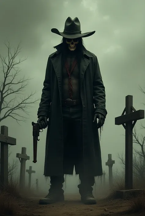 A gloomy ghost cowboy, with a gun in his hands, against the background of a Western-style cemetery