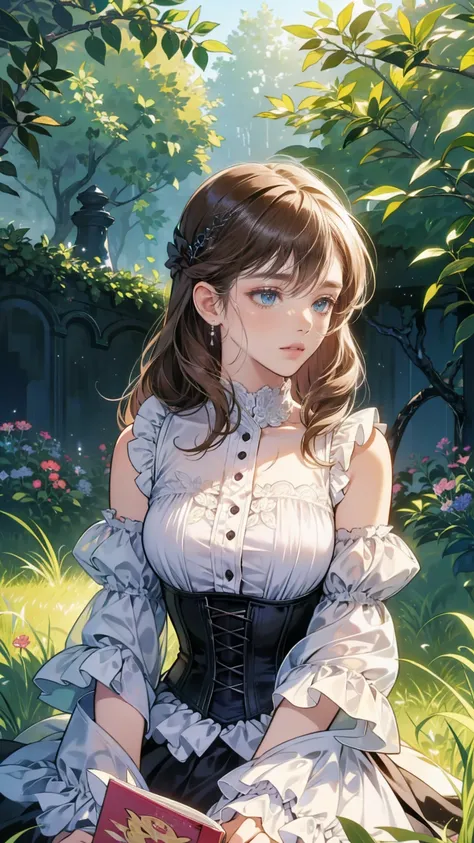 Attractive view of a young woman reading a book on the grass,(((watercolor))),  (((  upper body))), (((gothic))), ,she was adorned with hair accessories、,  Wavy brown hair。  ruffle miniskirt , sheの表情は自然だ,  calm expression . she wore a dress with ruffled sl...