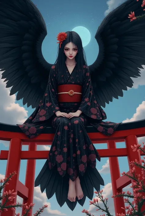 Beautiful woman sitting on a red torii gate, black crows wings, black hair, dark eyes, kind eyes, kind eyes, the sky is space, a kimono with a bright black floral pattern, lots of flowers are blooming