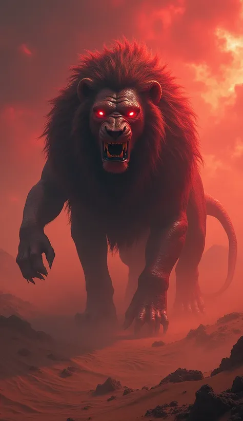 "Design a terrifying hybrid creature merging features of a lion and a snake into a monstrous, demon-like entity. This creature should have the muscular body and mane of a lion, combined with the scales and coiled body of a snake, with glowing red eyes that...