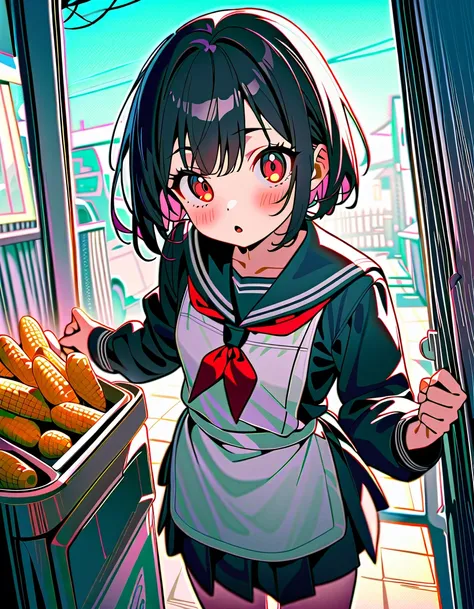 (8K, best quality, master piece: 1.2),super high resolution,best quality,1 girl,14yo,solo,ultra-detailed face,detailed eyes,red eyes,short hair,black hair,mascara,the girl holdinga a grill corn,standing,o3o,long sleeve school uniform, sailor suit,apron,loo...