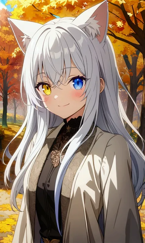 insanely detailed ,ultra detailed ,top quality ,best quality , highres icon ,One girl, Long Hair, Cat ears, White Hair， heterochromia ,Right eye yellow，Left eye blue，anime, Long coat,Autumn scenery,smile