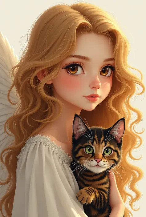 Drawing of a young woman with golden hair, long and curly with brown eyes winged by a tortoiseshell cat,  wingless