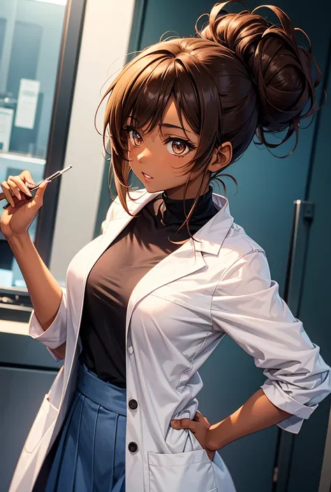  anime girl with lab coat and brown skin color and hair in a messy bun