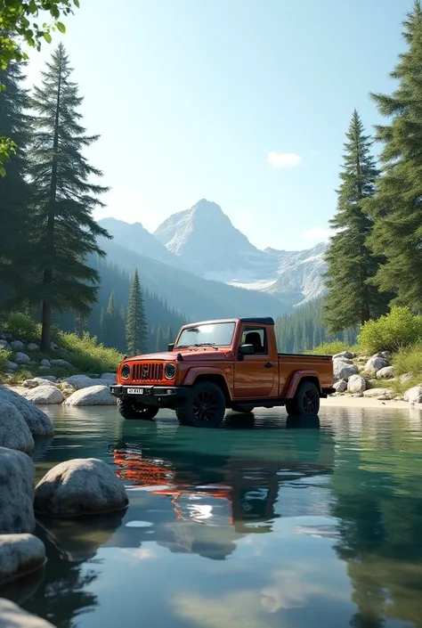 Realistic alpine trees, lake and mountain and rock and sand in water and a  Mahindra pick up car   in half water and half outside water its tyre in half water