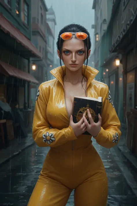 Nico Robin is a punk anime female character from One Piece, wearing a yellow Tang suit and appearing in a standing pose. A rainy scene. She wears orange sunglasses on her head and holds a book in her hands. Her deep black and light blue eyes exude an inten...