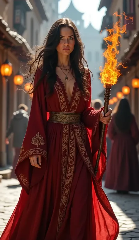 In the heart of a bustling medieval city, a formidable fire wizard strides confidently through the marketplace, her presence commanding attention. With striking features reminiscent of Annie Wersching, her dark hair flows like molten lava, framing a face t...