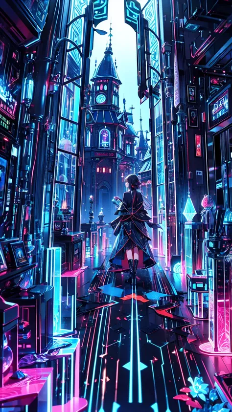 Opening the door to a dark fantasy world, Extending beyond the door、Dazzling fantasy world, Overly bright background lighting, Transparent holographic lighting permeates the interior, Colorful lights add color to the background, Avoid becoming completely s...