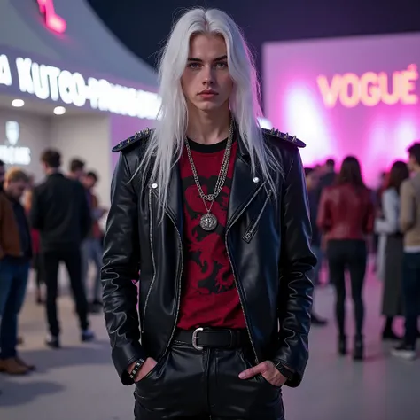  handsome 18-year-old male model with light muscles ,  very long flowing platinum white hair,  light blue eyes, reddish mouth,  wearing gothic style clothing  ,  black leather pants with pockets  ,   red-black shirt with a red dragon design ,  black leathe...