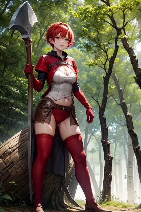  best image quality, forest, middle ages, Red underwear, Inner thighs, Holding an axe, Leg spread, stand, Long socks, gloves, woman,  red hair, Short Hair