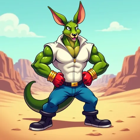 A green muscular kangaroo furry jock in gold bracelets , wearing black boots , wearing blue pants ,  in a white zippered sleeveless sweater ,  wearing red gloves stands against the desert in a cartoon style