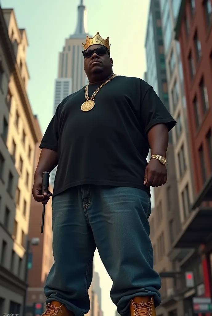 Notorious B.I.G with a gold crown on his head, standing in front of the Empire Stste building, arms outstretched, black shirt, bbaggy blue jeans, tan untied timberland boots, microphone in his left hand, High Resolution, Looking at viewer, Closed Mouth, black sunglasses,From Below, Masterpiece, Best Quality, High Resolution, High Details, Super Detailed, Textured Skin, UHD, Smirk, Wide-Angle, Halo, Depth Of Field, Cinematic Lighting, God Rays, 8K Octane, Cinematic, Cinematography, Hyperdetailed, Photorealistic, Portrait Photography, 