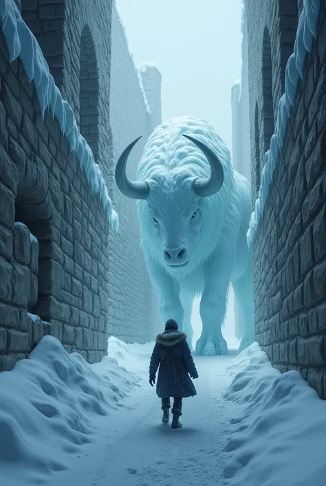  first-person perspective ,   frozen stone labyrinth with snowy weather, Minotaur ice 