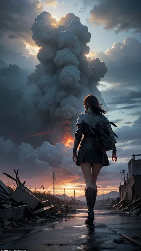 from below, from behind,  old knight woman standing in the distance, very long shot, full body,  Dark Sky , A large cumulonimbus cloud is right in front of us, (photo realistic:1,5), best quality,A destroyed world

