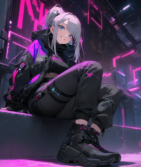  Women Sitting on a Shelf Wearing a Black Jacket and Pants,  cyberpunk streetwear , wearing  cyberpunk streetwear ,  Photos of Women Wearing Tech Wear , Space tech wear  ,  Full Body Black Cyberpunk Style Outfits ,  wearing Japanese tech wear, Tech Wear Lo...