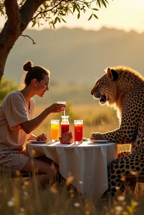 can you genarate an image of the big 5 in a ,manner that they be like chilling a round a table , drinking some juice having a fun conversation wearing summer clothes basking in the sun with a leopard braiing some meat on the side