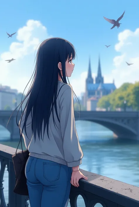 girl in the 20, European girl, long hair black and blue, casual clothe, blue morning sky, on a bridge of Paris, Cathedral in the horizon, not Asian girl, photo realistic, birds around, clorinte from genshin impact