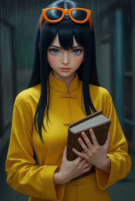 Nico Robin is a punk anime female character from One Piece, wearing a yellow Tang suit and appearing in a standing pose. A rainy scene. She wears orange sunglasses on her head and holds a book in her hands. Her deep black and light blue eyes exude an inten...