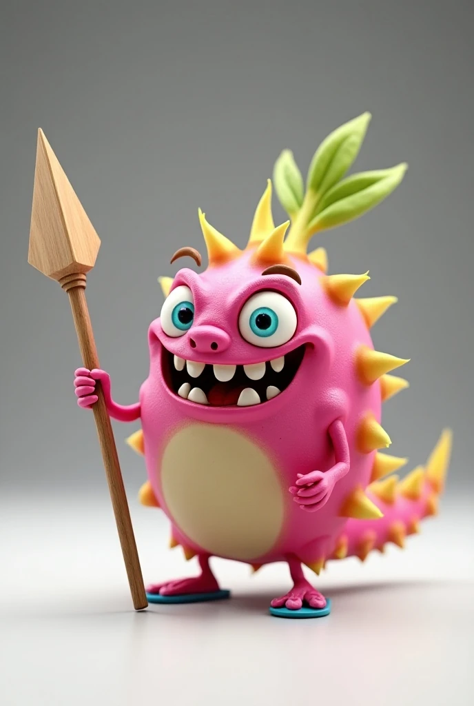 a highly detailed, cgi-rendered cartoon character resembling a dragon fruit, the character has a round, bulbous body with bright pink flesh and spiky, yellow spikes protruding from its surface, its face is exaggerated, with large, expressive blue eyes, a w...