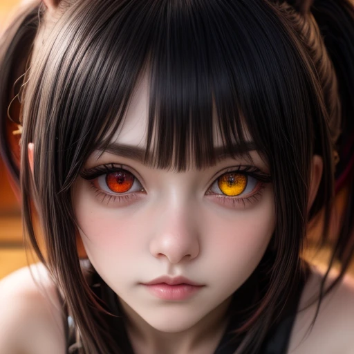 "An ultra-detailed close-up of Tokisaki Kurumis face, captured with a Canon EOS R5 and Canon RF 85mm f/1.2L lens at ISO 200, showing her exquisite, expressive eyes (red eye: 1.3), (yellow eye: 1.3), (heterochromia: 1.5), and black hair, long twin tails, wi...