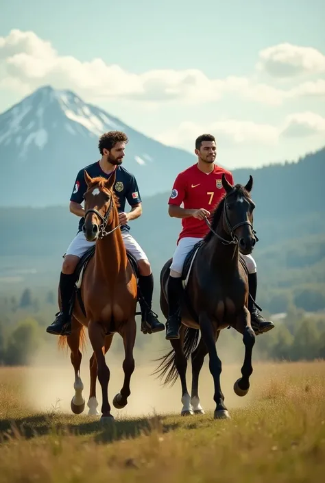 Messi riding a horse, and Cristiano Ronaldo riding a horse 