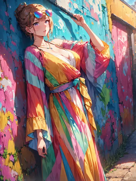 1 girl, busty, 

Fashion blogger in colorful maxi dress and statement sunglasses, posing against graffiti wall, vibrant street art backdrop, golden hour lighting, 

a bewitching atmosphere, detailed textures, high quality render, 
(highest quality, 4k, 8K ...