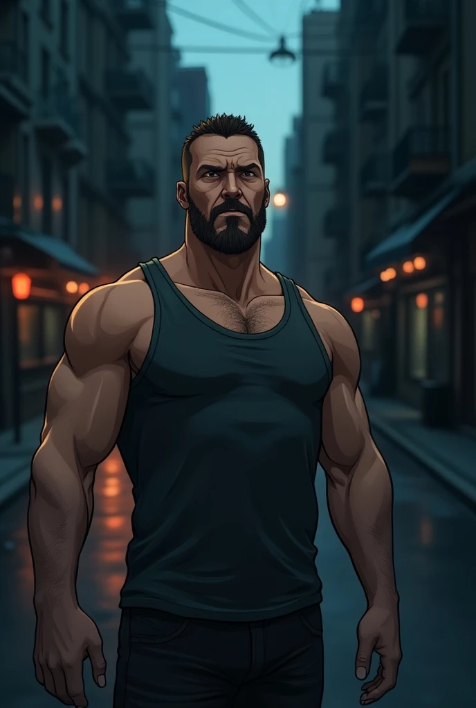 (mid-shot), ultra detailed 2d cartoon manga concept art illustration, 1man, looks like hugh jackman in the movie logan, wearing tank top, goatee, city street at dusk, cold stare, crime and danger、Tension and suspense、Reflections on the avant-garde and the ...