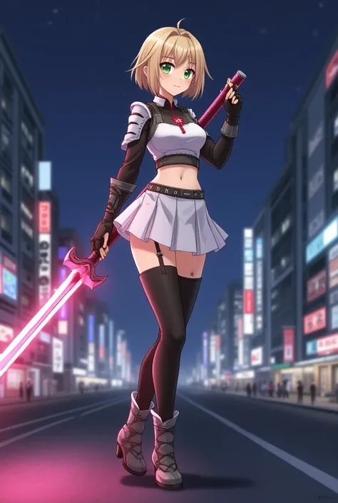 1 female, 18 years old, wearing white crop top armor over a black shirt. White miniskirt, long black thigh high stockings, heel boots. green eyes, short blonde hair, thick black eyeliner. Red R on center of chest. Holding pink energy sword. Tokyo at night ...