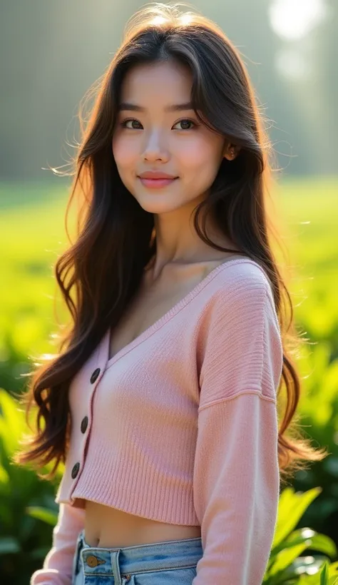  of a beautiful girl with long dark brown hair that unravels .  standing ,  She is wearing a light pink cropped knit sweater with buttons on the front and light blue jeans. gentle gaze of eyes and a slight smile ,  The background of the green tea plant bed...