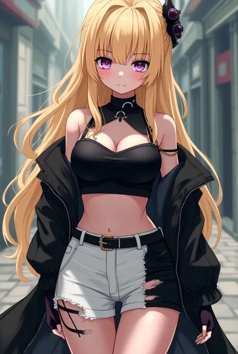 Blonde woman anime character,  with Chanel-style hair with one side of the bangs covering one eye, Eye color purple ,  black camera with neckline hole in the middle of her breasts with mine white skirt torn on the left side with shorts and black underneath...