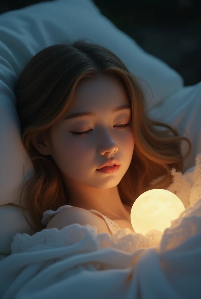 elegant sleeping girl, delicate facial features, long eyelashes, beautiful detailed eyes, gentle expression, flowing hair, serene pose, soft moonlight, dreamy night scene, cinematic lighting, dramatic chiaroscuro, warm soft lighting, dreamlike atmosphere, ...