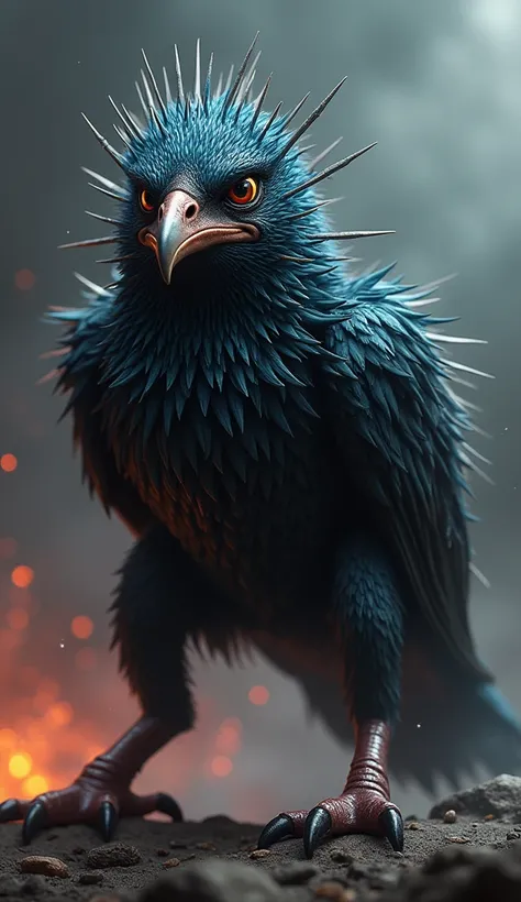 "Create an image of a hybrid creature that combines features of a starling and a porcupine. The creature should have the sleek, iridescent feathers of the starling forming part of its body, with sharp, pointed quills like a porcupines covering its back and...