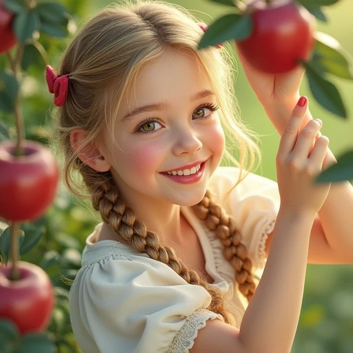 a young  girl with long wavy blonde hair in twin tails, wearing a red ribbon, reaching up to pluck an apple from a tree, beautiful detailed eyes, beautiful detailed lips, extremely detailed face, longeyelashes, whimsical, playful, joyful expression, natura...