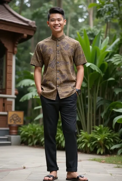 A young Indonesian man in his mid-20s, standing confidently outdoors with a casual yet traditional look. He wears a modern batik shirt with short sleeves, combining earthy tones like brown, dark green, and beige, featuring intricate Javanese patterns. His ...