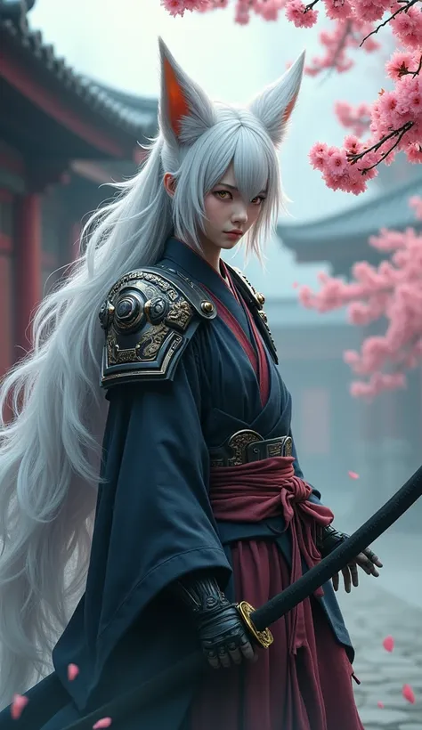 Japan: A lean, poised male human with fox features—sharp, intense amber eyes, and long white hair cascading like a waterfall. His outfit combines a traditional samurai hakama with futuristic armor accents. In his hand, he holds a katana, and his expression...