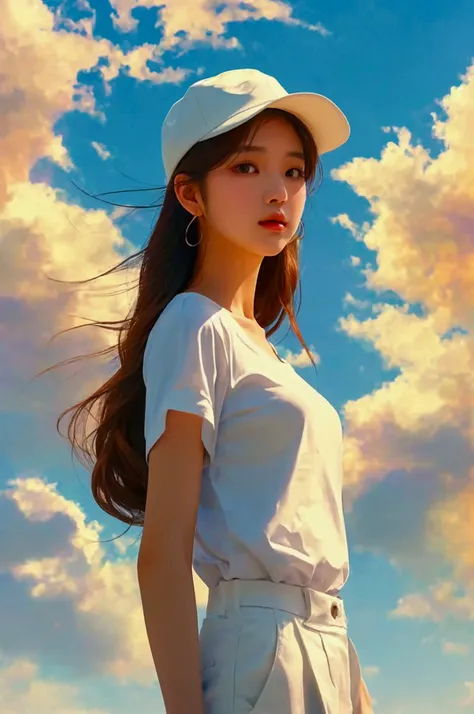 Create an image of a beautiful Korean girl with long brown hair styled in a classic Korean look, standing in a full-body pose. She is wearing a white t-shirt, white pants, a white hat, and white shoes. Set her against a background of a clear sky with soft ...