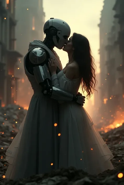 A male robot and a girl are kissing around the world is in chaos because the robes revolt in the sky, mortar lights sparkle around the destroyed skyscrapers and the lights of dawn through their windows