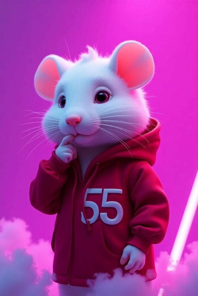  Create maximum realistic ultra quality image ,  white mouse making a gesture shh silence,  red jacket with number 55 graphitzed in white,  ultra violet screen background 5d special effects , neon,  smoke special effects details 