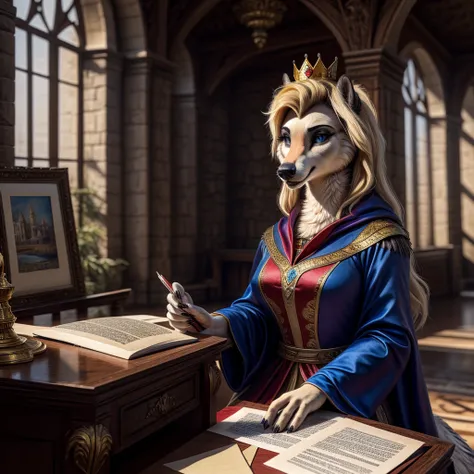 A mature woman with short blonde hair, one eye covered by her hair, blue eyes, wearing a royal red cloak, reading and marking documents on an office desk in a palace, detailed portrait, realistic, highly detailed, semi-realistic, best quality, masterpiece,...